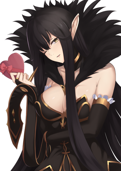 Anime picture 1025x1450 with fate (series) fate/apocrypha semiramis (fate) yamikyon single long hair tall image looking at viewer blush fringe breasts open mouth light erotic black hair simple background hair between eyes large breasts standing white background bare shoulders