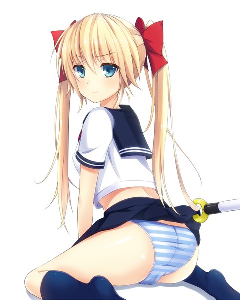 Anime picture 1300x1625 with original mijinko (rioriorio) single long hair tall image blush blue eyes light erotic simple background blonde hair white background twintails looking back embarrassed covered nipples skirt lift girl uniform underwear panties