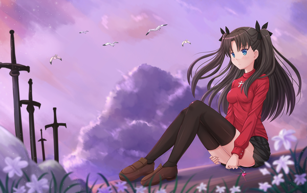 Anime picture 1900x1200 with fate (series) fate/stay night type-moon toosaka rin kazenokaze single long hair blush fringe highres blue eyes black hair sitting twintails looking away sky cloud (clouds) pleated skirt girl skirt