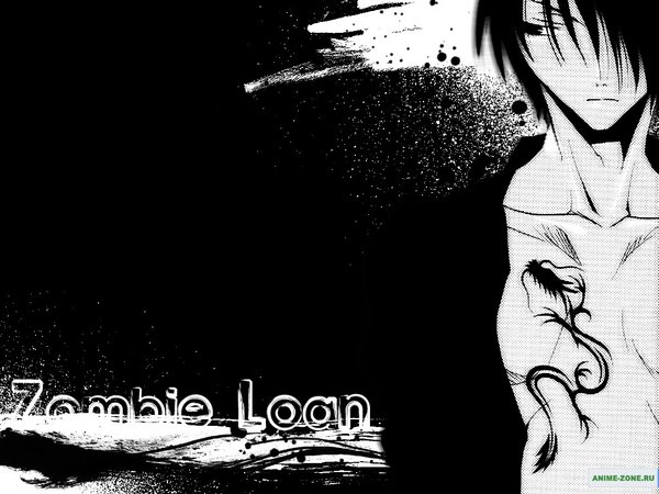 Anime picture 1024x768 with zombie loan tachibana shito tagme (artist) single fringe black hair hair between eyes looking away upper body black eyes hair over one eye tattoo open shirt copyright name black background monochrome boy shirt