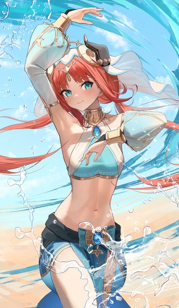 Anime picture 1740x3000 with genshin impact nilou (genshin impact) hidulume single long hair tall image looking at viewer blush fringe highres smile twintails bare shoulders sky cloud (clouds) outdoors red hair blunt bangs long sleeves arm up