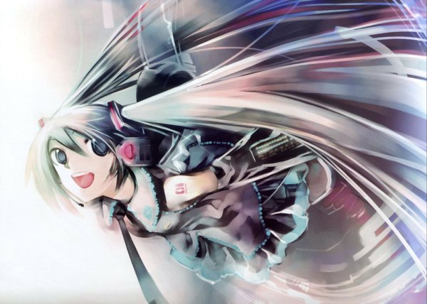 Anime picture 1920x1371 with vocaloid hatsune miku tagme (artist) single looking at viewer fringe highres open mouth hair between eyes twintails very long hair girl detached sleeves necktie headphones