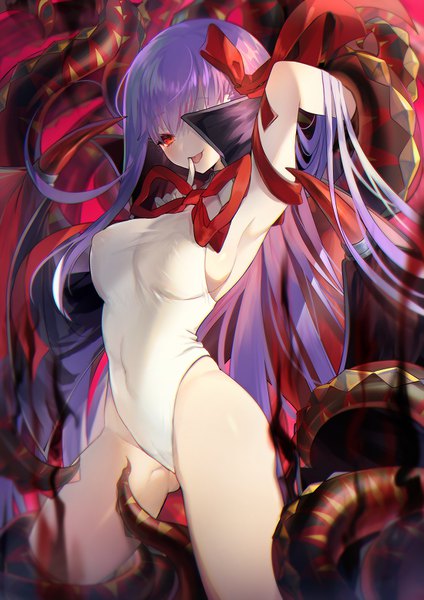 Anime picture 1100x1556 with fate (series) fate/grand order bb (fate) (all) bb (swimsuit mooncancer) (fate) kirie nozomi single tall image fringe breasts light erotic red eyes purple hair very long hair hair over one eye sideboob covered navel adjusting hair covered nipples girl ribbon (ribbons)