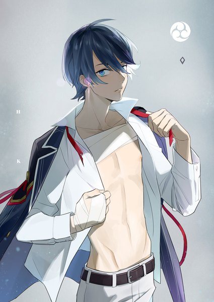 Anime picture 660x932 with touken ranbu nitroplus horikawa kunihiro inkerpape single tall image looking at viewer fringe short hair blue eyes light erotic simple background hair between eyes blue hair ahoge from above grey background groin dressing boy