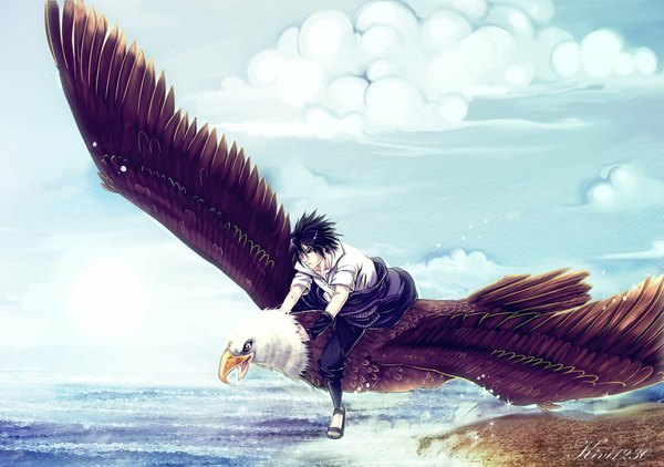 Anime picture 1065x750 with naruto studio pierrot naruto (series) uchiha sasuke kivi1230 single short hair black hair sitting signed sky cloud (clouds) black eyes coloring flying boy animal sea bird (birds) eagle