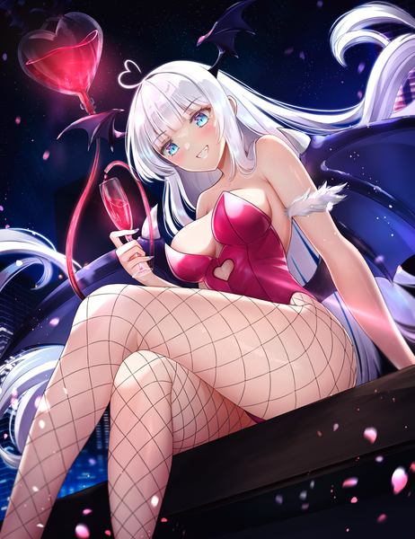 Anime picture 2500x3250 with original heichanart single tall image looking at viewer blush fringe highres breasts blue eyes light erotic smile large breasts sitting ahoge outdoors white hair blunt bangs very long hair nail polish