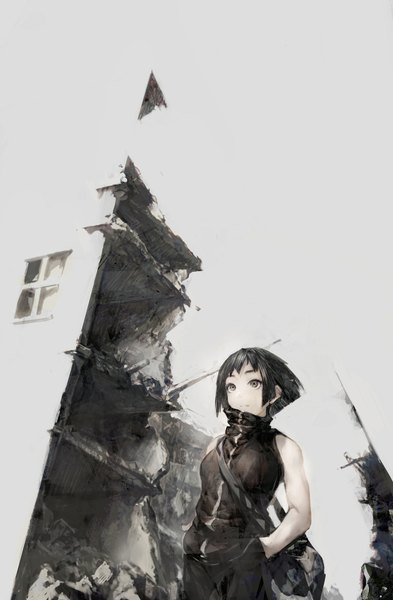 Anime picture 1310x2000 with original oguchi (sugimoto gang) single tall image short hair black hair brown eyes sleeveless hand in pocket hands in pockets destruction girl bag