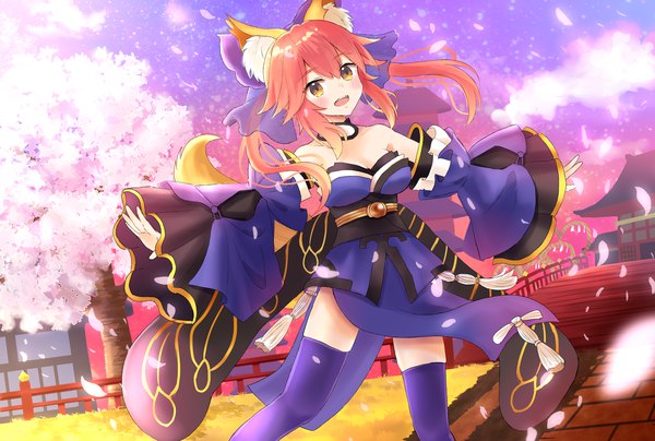 Anime picture 2000x1349 with fate (series) fate/extra tamamo (fate) (all) tamamo no mae (fate) lvo0x0ovl single long hair blush highres open mouth bare shoulders brown eyes animal ears pink hair tail traditional clothes japanese clothes animal tail fox ears cherry blossoms