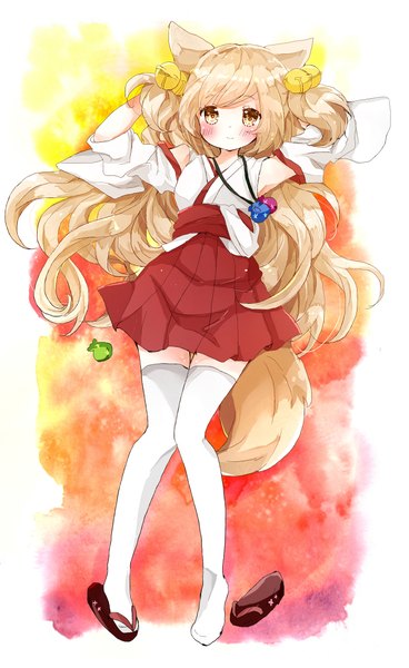 Anime picture 1437x2340 with original tsukiyo (skymint) single long hair tall image looking at viewer blush fringe blonde hair smile animal ears yellow eyes tail lying long sleeves traditional clothes japanese clothes animal tail wide sleeves two side up