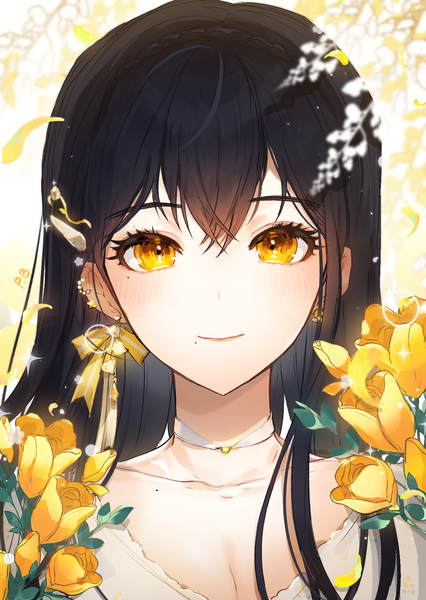Anime picture 1240x1748 with original panprika single long hair tall image looking at viewer blush fringe breasts black hair smile hair between eyes yellow eyes upper body mole mole under eye piercing ear piercing mole under mouth girl