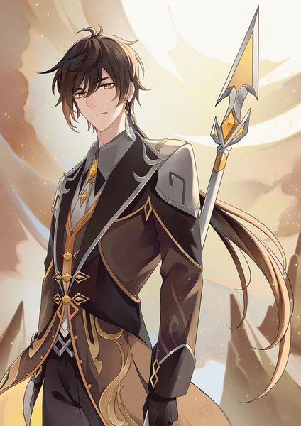 Anime picture 1800x2546 with genshin impact zhongli (genshin impact) sleepy1292673668 single long hair tall image looking at viewer fringe highres hair between eyes brown hair standing yellow eyes upper body outdoors from below low ponytail boy weapon single earring