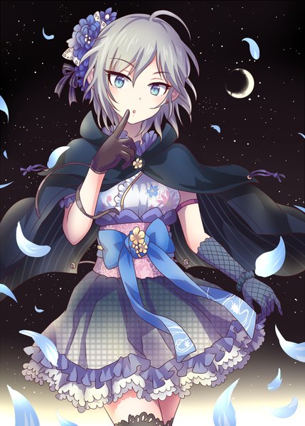 Anime picture 786x1100 with idolmaster idolmaster cinderella girls anastasia (idolmaster) run (artist) single tall image looking at viewer fringe short hair blue eyes standing silver hair ahoge parted lips hair flower night night sky floral print finger to mouth crescent