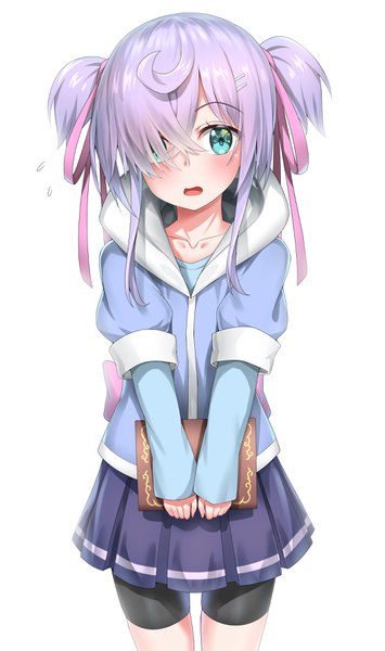 Anime picture 2097x3541 with original nedia (nedia region) single tall image looking at viewer blush fringe highres short hair open mouth simple background white background twintails holding purple hair pleated skirt aqua eyes hair over one eye short twintails girl