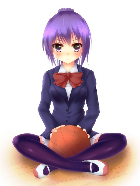 Anime picture 1200x1591 with ro-kyu-bu! project no.9 tagme (character) hizumin single tall image looking at viewer blush short hair sitting purple eyes purple hair ponytail expressionless indian style basketball girl thighhighs uniform black thighhighs