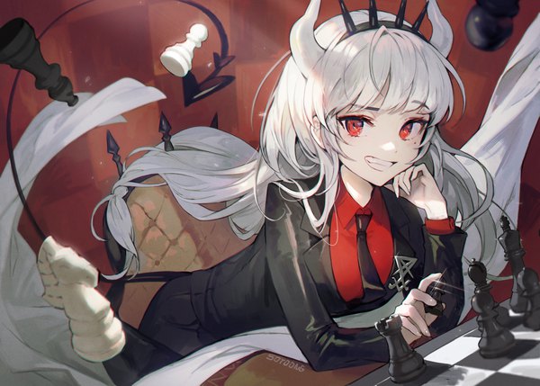 Anime picture 2000x1429 with helltaker lucifer (helltaker) soyoong jun single long hair looking at viewer fringe highres smile red eyes silver hair tail horn (horns) mole mole under eye grin girl shirt necktie tiara