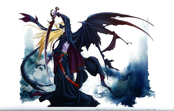 Anime picture 3116x2000 with ys falcom (studio) taue shunsuke single long hair highres blonde hair scan copyright name torn clothes city demon wings demon blindfold ambiguous gender purple skin weapon sword wings