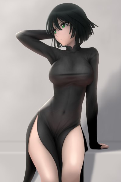 Anime picture 860x1300 with one-punch man madhouse fubuki (one-punch man) siraha single tall image short hair breasts light erotic black hair green eyes looking away grey background bare legs girl dress