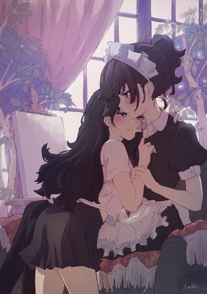 Anime-Bild 1062x1505 mit original kagawa yuusaku long hair tall image blush fringe short hair black hair brown hair sitting multiple girls brown eyes green eyes signed looking away ponytail indoors profile short sleeves maid