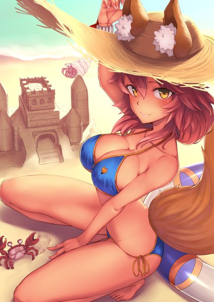 Anime picture 724x1024 with fate (series) fate/grand order tamamo (fate) (all) tamamo no mae (swimsuit lancer) (fate) ryuinu single long hair tall image looking at viewer blush fringe breasts light erotic smile hair between eyes large breasts bare shoulders animal ears yellow eyes pink hair