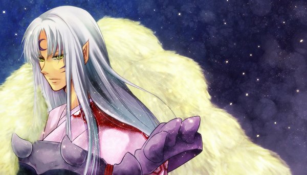 Anime picture 1024x586 with inuyasha sesshomaru yukachi (artist) single long hair wide image silver hair white hair pointy ears night night sky facial mark crescent face paint boy armor star (stars)