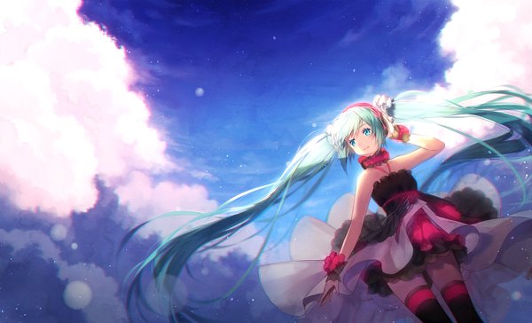 Anime picture 1811x1100 with 7th dragon 2020 vocaloid hatsune miku hakusai (tiahszld) single highres wide image twintails looking away sky cloud (clouds) very long hair wind aqua hair hand on head girl thighhighs dress scrunchie hair tie