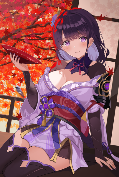Anime picture 2355x3500 with genshin impact raiden shogun rererere mon single long hair tall image looking at viewer blush highres breasts light erotic smile large breasts purple eyes cleavage purple hair traditional clothes japanese clothes mole mole under eye