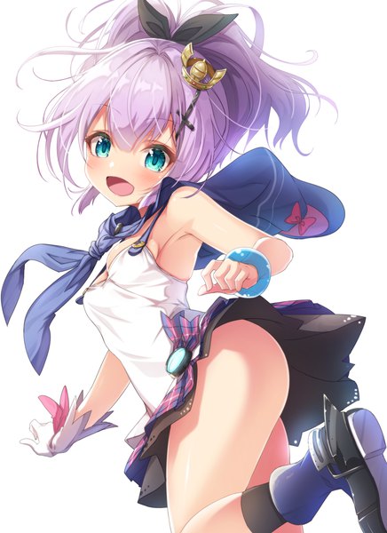 Anime picture 800x1099 with azur lane javelin (azur lane) matokechi single tall image fringe short hair breasts open mouth light erotic simple background hair between eyes standing white background purple hair bent knee (knees) ponytail :d aqua eyes standing on one leg