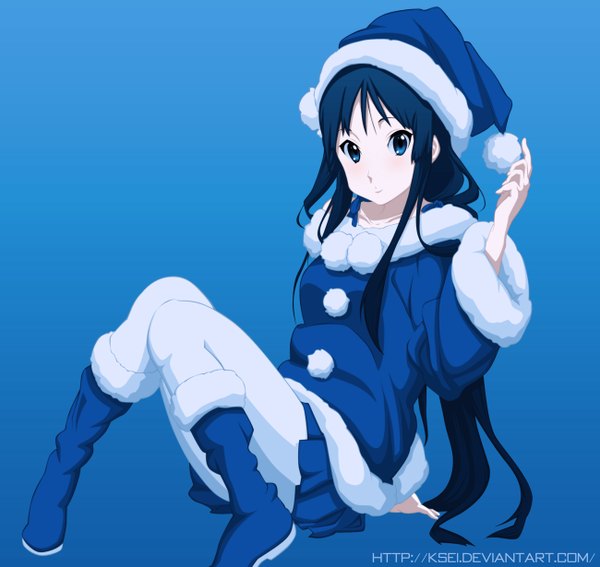 Anime picture 1300x1230 with k-on! kyoto animation akiyama mio ksei single long hair looking at viewer blush blue eyes black hair smile bent knee (knees) fur trim coloring christmas blue background merry christmas alternate color girl fur