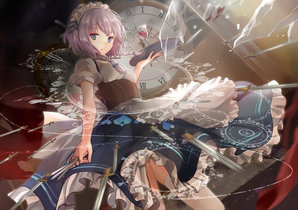 Anime picture 1200x848 with touhou izayoi sakuya kita (kitairoha) single looking at viewer fringe short hair blue eyes holding indoors braid (braids) parted lips short sleeves maid zettai ryouiki puffy sleeves thighs outstretched arm turning head magic