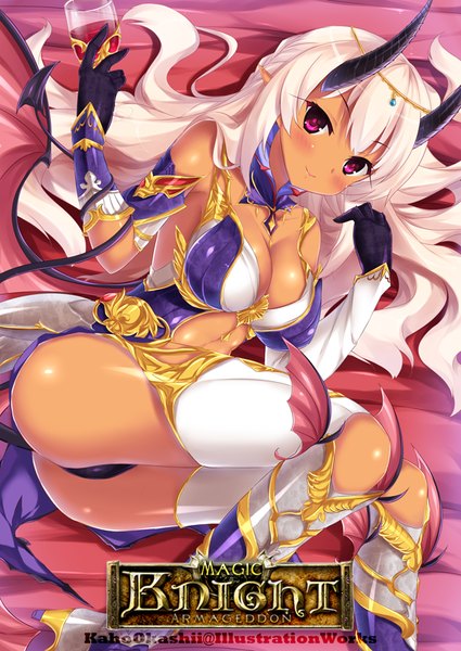 Anime picture 600x847 with magic knight armageddon kaho okashii single long hair tall image blush light erotic smile white hair tail pink eyes horn (horns) pointy ears inscription demon tail demon wings girl gloves hair ornament underwear