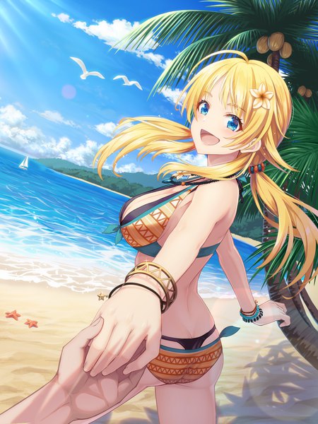 Anime-Bild 1050x1400 mit idolmaster idolmaster shiny colors hachimiya meguru macha0331 long hair tall image breasts open mouth blue eyes light erotic blonde hair large breasts twintails looking away sky cloud (clouds) ahoge outdoors ass :d