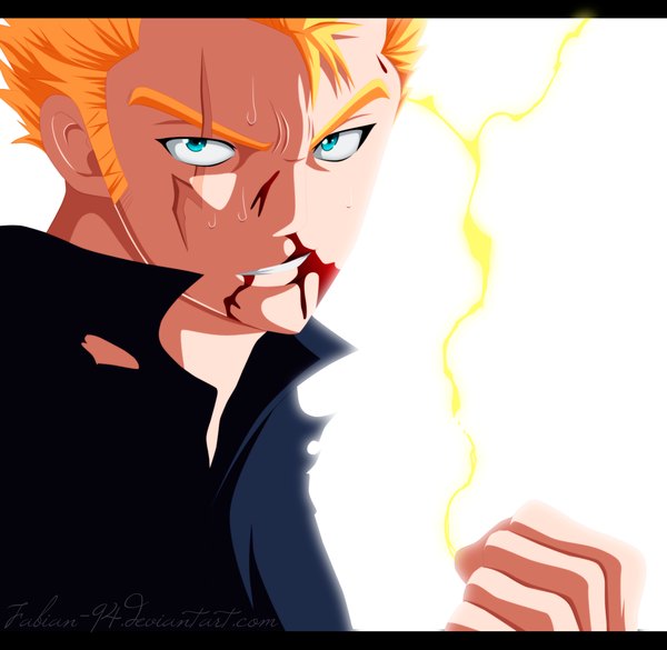 Anime picture 1532x1496 with fairy tail laxus dreyar fabiansm single short hair blue eyes blonde hair white background sweat coloring torn clothes magic letterboxed scar electricity boy blood fist