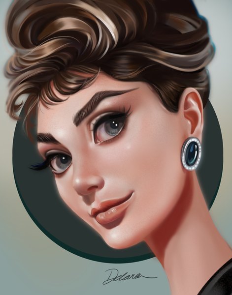 Anime picture 3300x4200 with real life audrey hepburn cris delara single tall image looking at viewer fringe highres short hair smile brown hair signed absurdres lips grey eyes close-up eyebrows face girl earrings