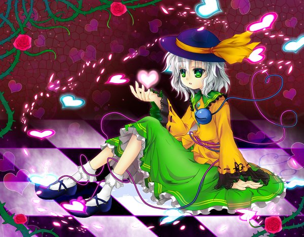 Anime picture 1190x929 with touhou komeiji satori cloudy.r short hair sitting green eyes silver hair checkered girl flower (flowers) hat socks heart rose (roses) white socks red rose