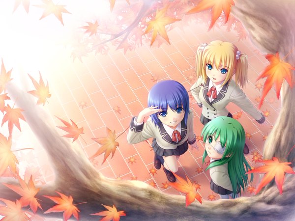 Anime picture 1600x1200 with noberuge hoshino yachiho narahara kei itoi kaede 400 long hair short hair blue eyes blonde hair multiple girls green eyes blue hair green hair girl skirt uniform plant (plants) school uniform miniskirt tree (trees)