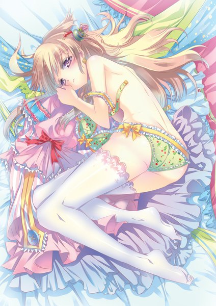 Anime picture 827x1169 with original cu-rim single long hair tall image looking at viewer blush light erotic blonde hair purple eyes girl thighhighs hair ornament underwear panties white thighhighs lingerie bra