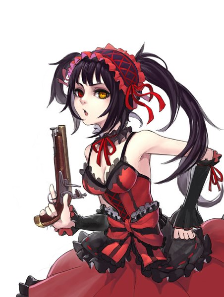 Anime picture 800x1062 with date a live tokisaki kurumi fkey single long hair tall image looking at viewer open mouth black hair simple background red eyes white background yellow eyes cleavage heterochromia lolita fashion uneven twintails blowing girl dress