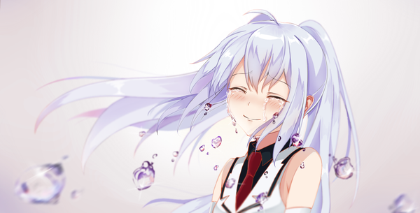 Anime picture 1280x651 with plastic memories isla (plastic memories) puririn single long hair blush fringe simple background wide image twintails bare shoulders payot silver hair upper body ahoge eyes closed head tilt light smile wind wallpaper