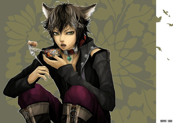 Anime picture 1173x833 with original sadon (pixiv) single open mouth black hair green eyes animal ears eating animal eyes boy detached sleeves food boots pants collar crystal fork preserves
