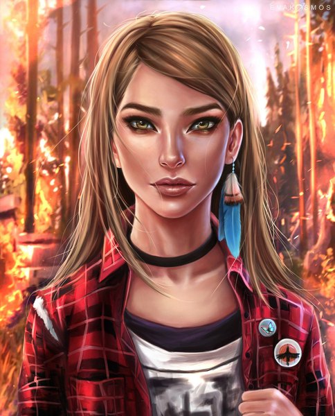 Anime picture 1742x2160 with life is strange rachel amber evakosmos single long hair tall image looking at viewer fringe highres brown hair signed yellow eyes upper body outdoors lips realistic open jacket eyebrows plaid girl