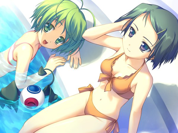 Anime picture 1600x1200 with wiz anniversary granitiana cristia shida kazuhiro short hair purple eyes multiple girls green eyes game cg green hair dutch angle girl navel 2 girls swimsuit bikini pool eyeball