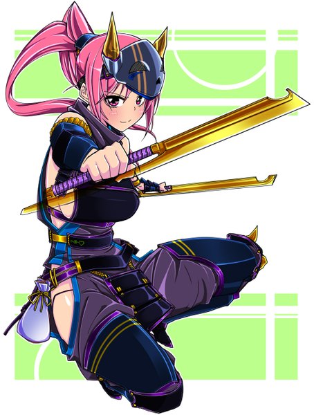 Anime picture 1000x1320 with original nikupizzau single long hair tall image looking at viewer blush pink hair ponytail pink eyes light smile spread legs mask on head samurai girl weapon mask