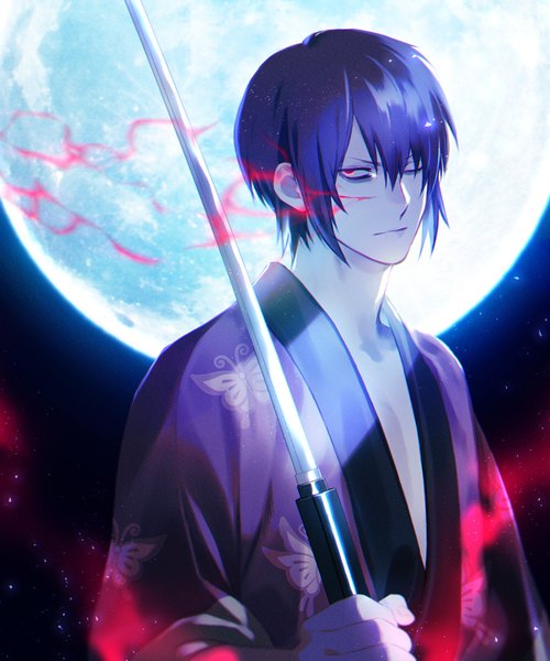 Anime picture 1096x1316 with gintama sunrise (studio) takasugi shinsuke cma cmakuma single tall image fringe short hair hair between eyes red eyes purple hair upper body traditional clothes japanese clothes one eye closed animal print butterfly print boy weapon sword