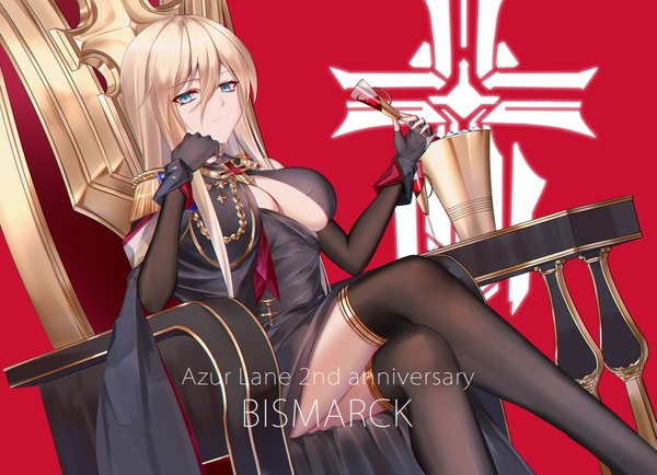 Anime picture 2300x1667 with azur lane bismarck (azur lane) bismarck (beacon of the iron blood) (azur lane) eternity (shadeh) single long hair looking at viewer fringe highres breasts blue eyes light erotic simple background blonde hair smile hair between eyes large breasts sitting holding cleavage