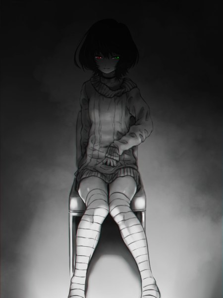 Anime picture 1500x2000 with another p.a. works misaki mei drawfag single tall image looking at viewer short hair black hair red eyes sitting green eyes grey background no shoes heterochromia girl sweater bandage (bandages) chair
