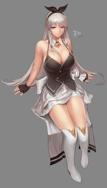 Anime picture 2963x5162 with dungeon and fighter female gunner (dungeon and fighter) monaim single long hair tall image looking at viewer fringe highres breasts light erotic simple background hair between eyes purple eyes bare shoulders payot cleavage silver hair full body from above