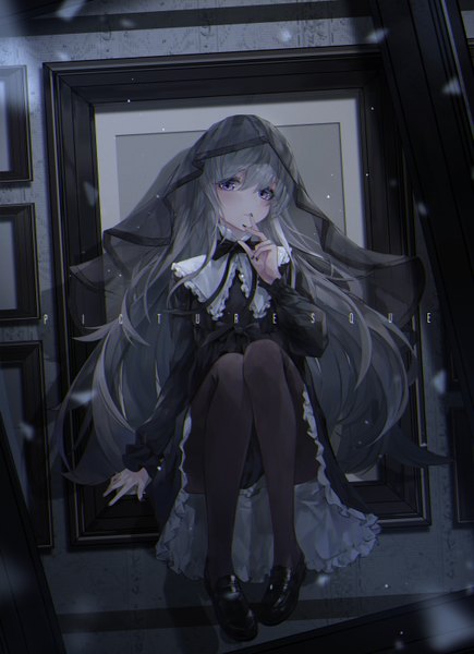 Anime picture 4500x6200 with original crystalherb single long hair tall image looking at viewer blush fringe highres hair between eyes purple eyes absurdres silver hair full body long sleeves nail polish fingernails inscription finger to mouth frilled dress