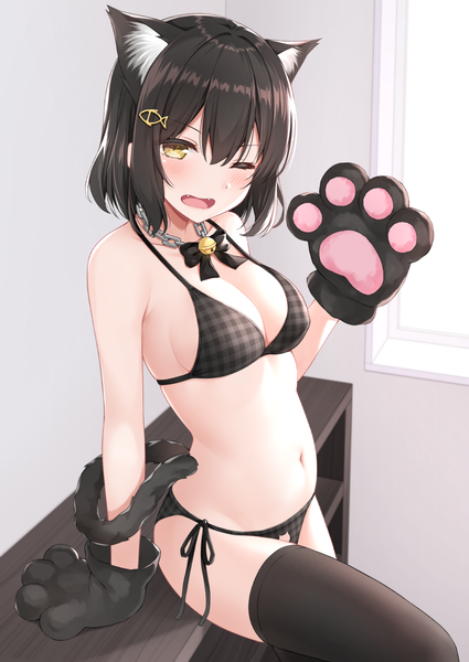 Anime picture 752x1062 with original karutamo single tall image looking at viewer fringe short hair breasts light erotic black hair hair between eyes sitting bare shoulders animal ears yellow eyes payot indoors tail animal tail one eye closed