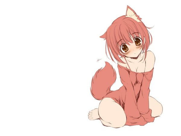 Anime picture 1280x960 with original kikurage (plastic people) single blush short hair simple background white background sitting bare shoulders brown eyes yellow eyes pink hair red hair fox ears kneeling fox tail third-party edit extended girl