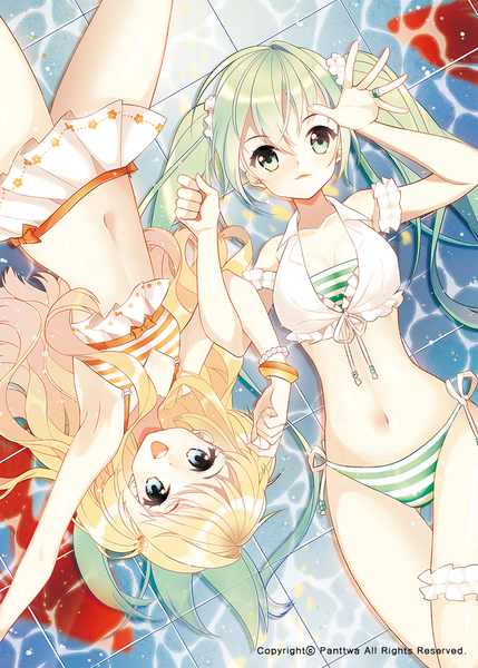 Anime picture 870x1217 with vocaloid hatsune miku seeu long hair tall image looking at viewer open mouth blue eyes light erotic blonde hair twintails multiple girls lying aqua hair midriff girl navel 2 girls swimsuit bikini